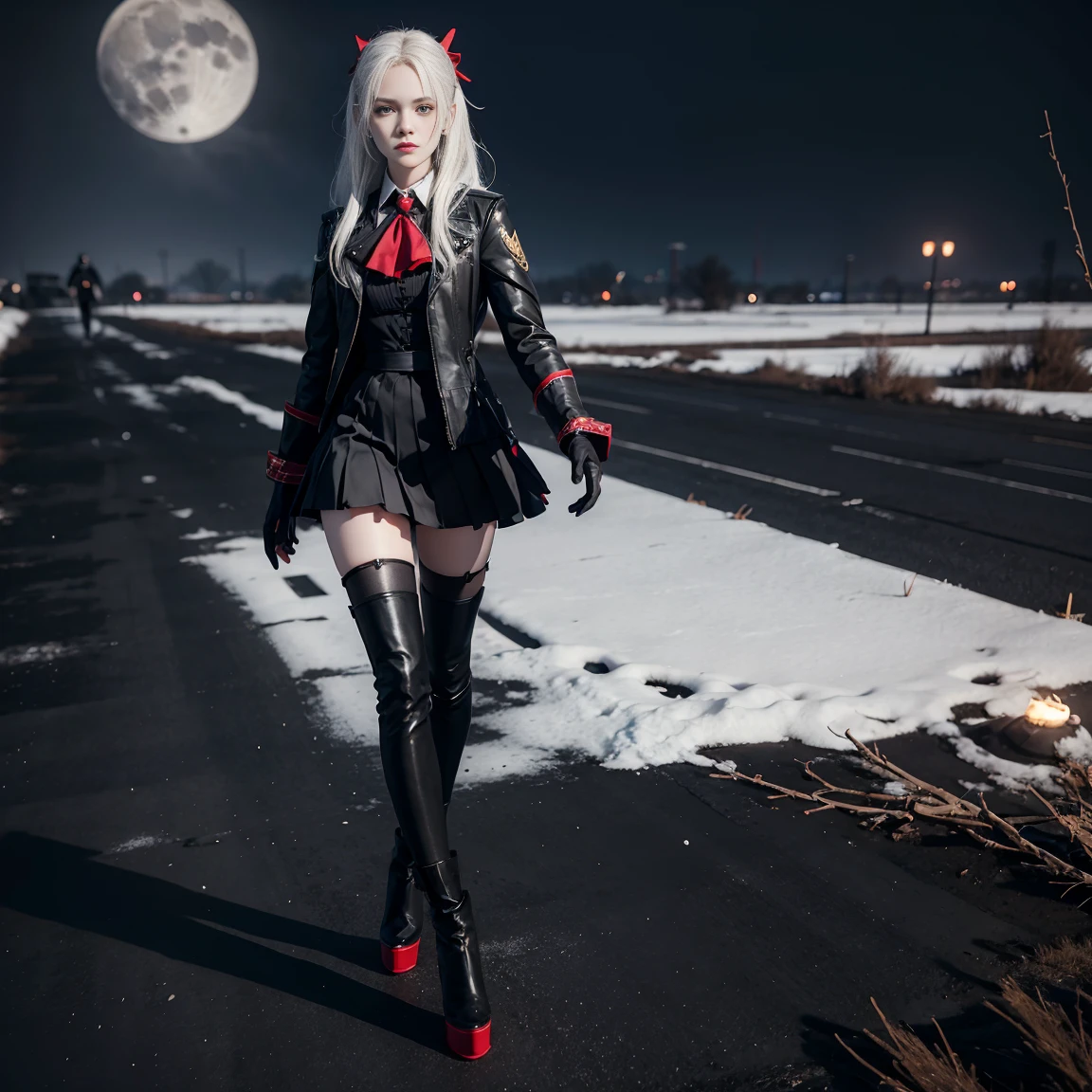 photo of edelgard_academy, hair ribbon, black jacket, black dress, ascot, red pantyhose, white gloves, high heels, walking on battlefield, moonligth, full moon, young, teen, (skinny), small , , 1 girl, (((3d, video game))),masterpiece, best quality, intricate details, 8k uhd, perfect face, perfect eyes