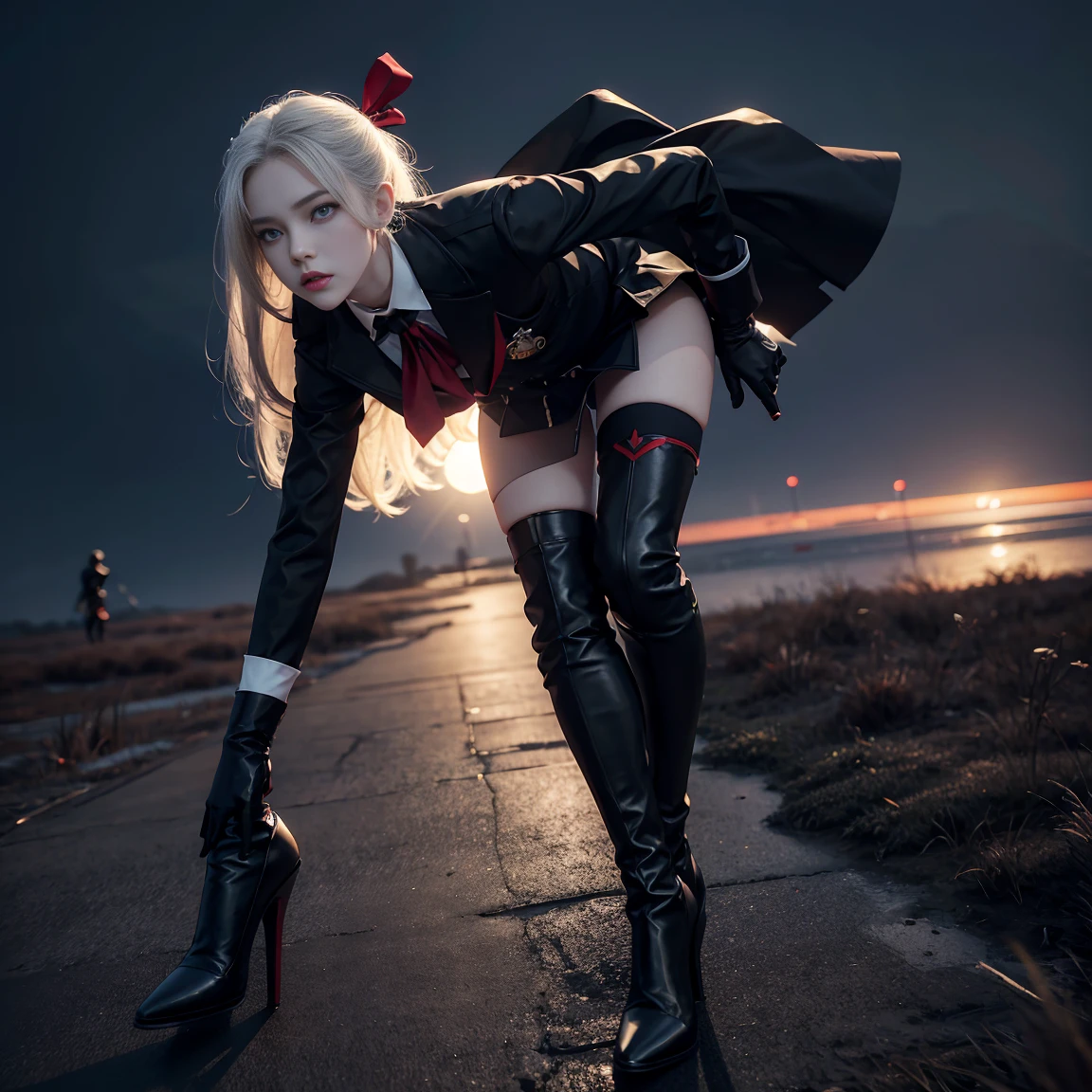 photo of edelgard_academy, hair ribbon, black jacket, black dress, ascot, red pantyhose, white gloves, high heels, walking on battlefield, moonligth, full moon, young, , (skinny), small , , 1 girl, (((3d, video game))),masterpiece, best quality, intricate details, 8k uhd, perfect face, perfect eyes