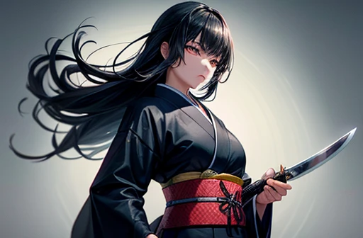 A woman with black hair wearing a kimono holding a sword-like knife　Cutting the tuna