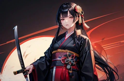 A woman with black hair wearing a kimono holding a sword-like knife　Cutting the tuna