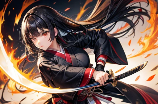 A woman with black hair wearing a kimono holding a sword-like knife　Cutting the tuna