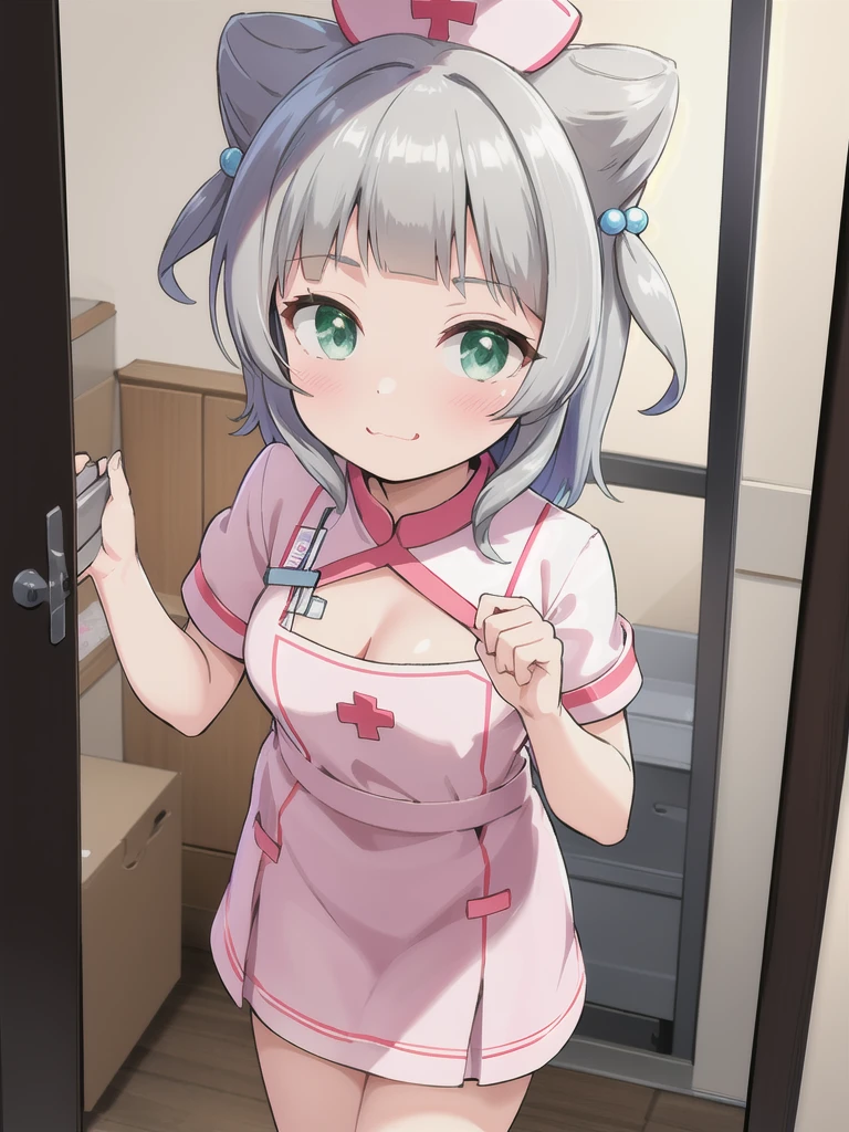 indoor,hospital,hospitalのベッド,Looking down from above,face focus, Green Eyes, Grey Hair, hair ornaments, bangs, Virtual YouTuber, Shine, blunt bangs, Double Bang, Animal ears, Flat Chest,Pink nurse uniform,Nurse hat,blush, (View your viewers),, smile, Are standing,cleavage cutout,1boy,penis in clothes,cum on breasts