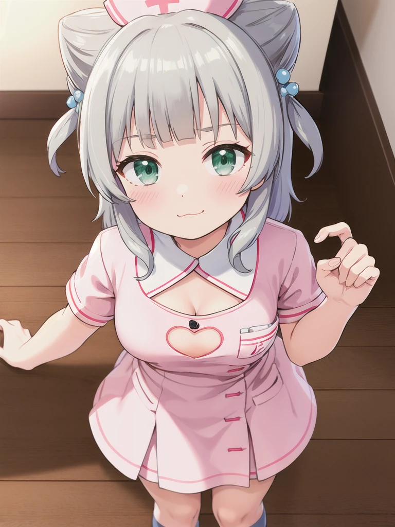 indoor,hospital,hospitalのベッド,Looking down from above,face focus, Green Eyes, Grey Hair, hair ornaments, bangs, Virtual YouTuber, Shine, blunt bangs, Double Bang, Animal ears, Flat Chest,Pink nurse uniform,Nurse hat,blush, (View your viewers),, smile, Are standing,cleavage cutout,1boy,penis in clothes,cum on breasts