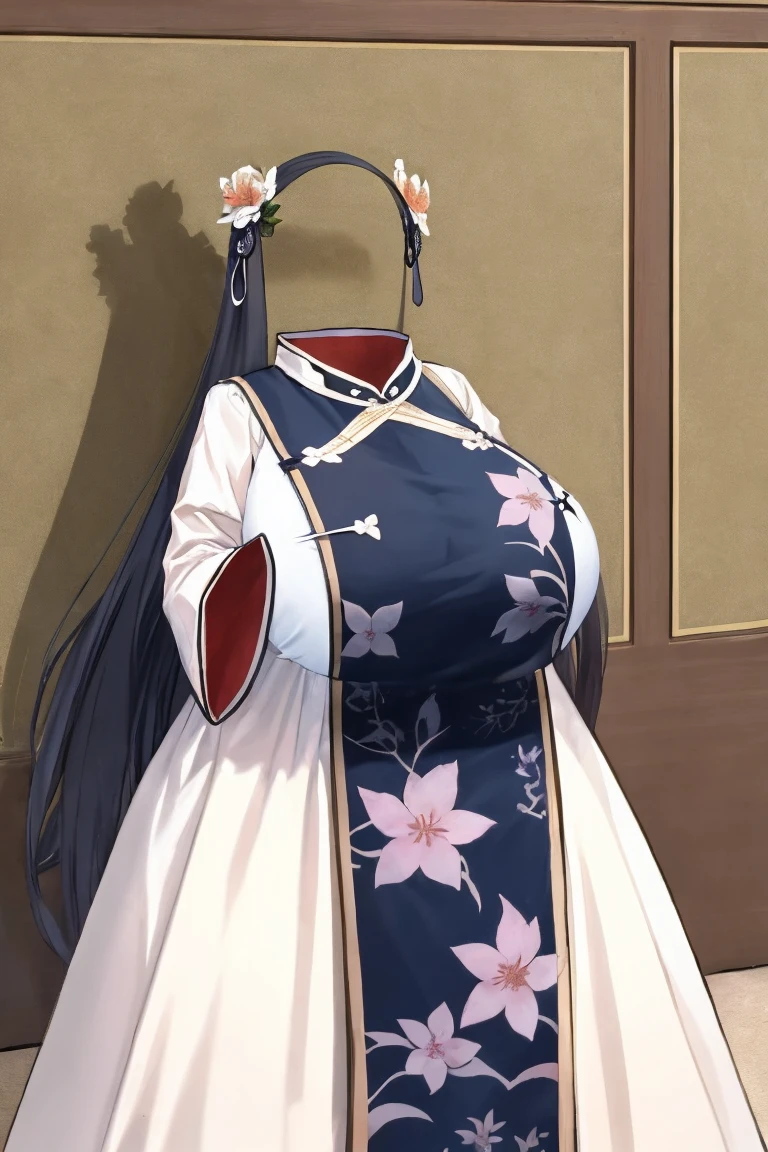 masterpiece, best quality, 1girl, mature female, invisible, no hair, hanfu, (((no humans)))), (headless), enormous breasts, ((expanding breasts)), (quadruple amputee), curves, floral hanfu,