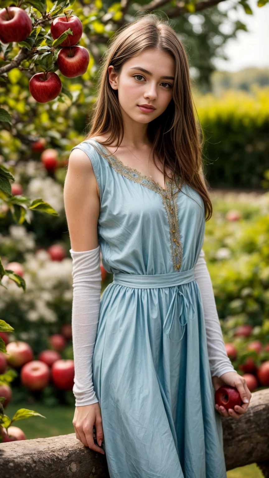 A beautiful european girl, wearing light medieval dress, biting a red apple, in the garden near an apple tree, red apples, full body. She is 24 years old, has brown hair and light blue eyes. Her cloth is stylish and her overall appearance is stunning. The girl's face is extremely detailed with beautifully detailed lips. Her skin is anatomically correct with realistic textures. The image should have super high details and be of the best quality, with a resolution of 8K. The final result should be a masterpiece, showcasing the girl's beauty and the vibrant atmosphere of the garden