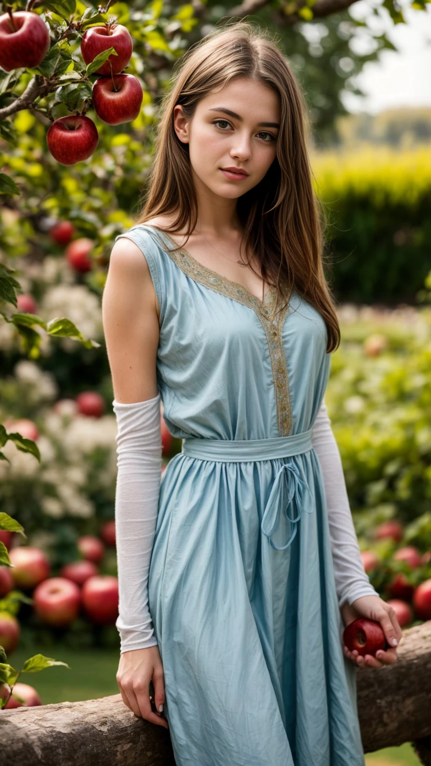 A beautiful european girl, wearing light medieval dress, biting a red apple, in the garden near an apple tree, red apples, full body. She is 24 years old, has brown hair and light blue eyes. Her cloth is stylish and her overall appearance is stunning. The girl's face is extremely detailed with beautifully detailed lips. Her skin is anatomically correct with realistic textures. The image should have super high details and be of the best quality, with a resolution of 8K. The final result should be a masterpiece, showcasing the girl's beauty and the vibrant atmosphere of the garden