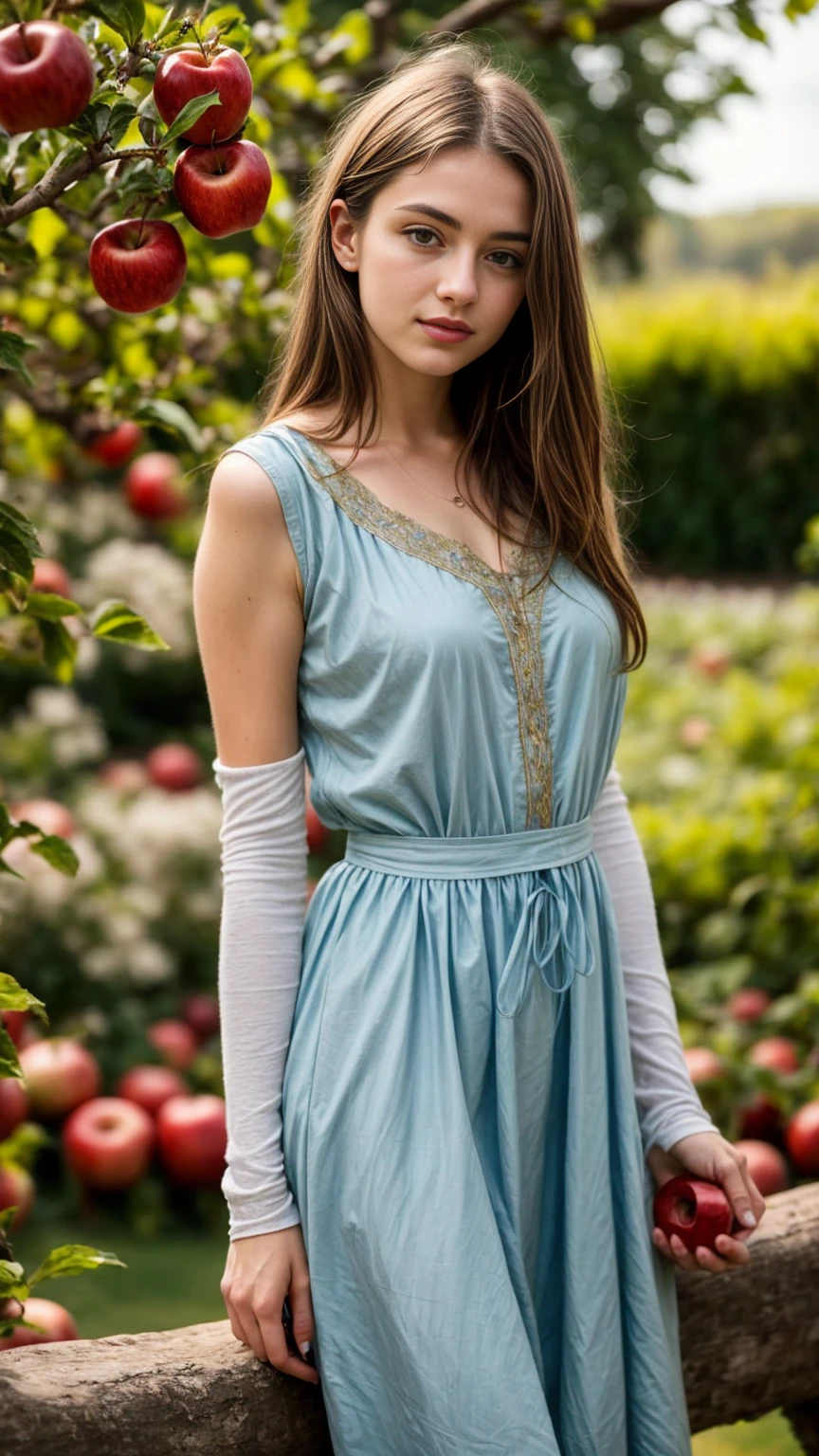 A beautiful european girl, wearing light medieval dress, biting a red apple, in the garden near an apple tree, red apples, full body. She is 24 years old, has brown hair and light blue eyes. Her cloth is stylish and her overall appearance is stunning. The girl's face is extremely detailed with beautifully detailed lips. Her skin is anatomically correct with realistic textures. The image should have super high details and be of the best quality, with a resolution of 8K. The final result should be a masterpiece, showcasing the girl's beauty and the vibrant atmosphere of the garden