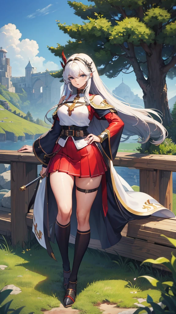 (masterpiece, 4K ,Super detailed:1.2), (anime:1), whole body側面図, jRPG Characters, jRPG Characters art, RPG Characters, View Viewer, Red hair, ((Female Swordsman), (Medieval), whole body, (Perfect quality), Pure white background, Lots of white space, Dark skin, whole bodyが写っている, mini skirt