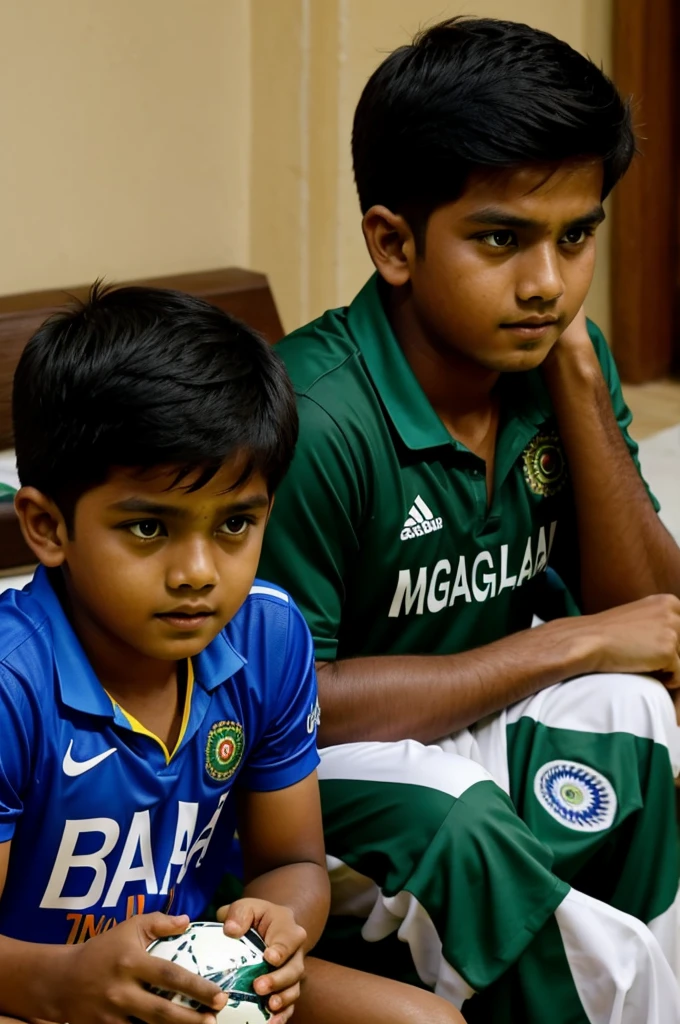 A boy watching Bangladesh vs India match on tv. He wearing Bangladeshi jersey with name "Yeasin" & number is "75".
