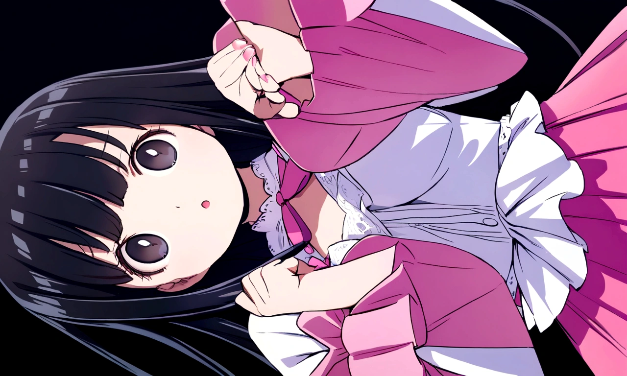 Black hair girl with big eyes and pink skirt with white blouse shirt
