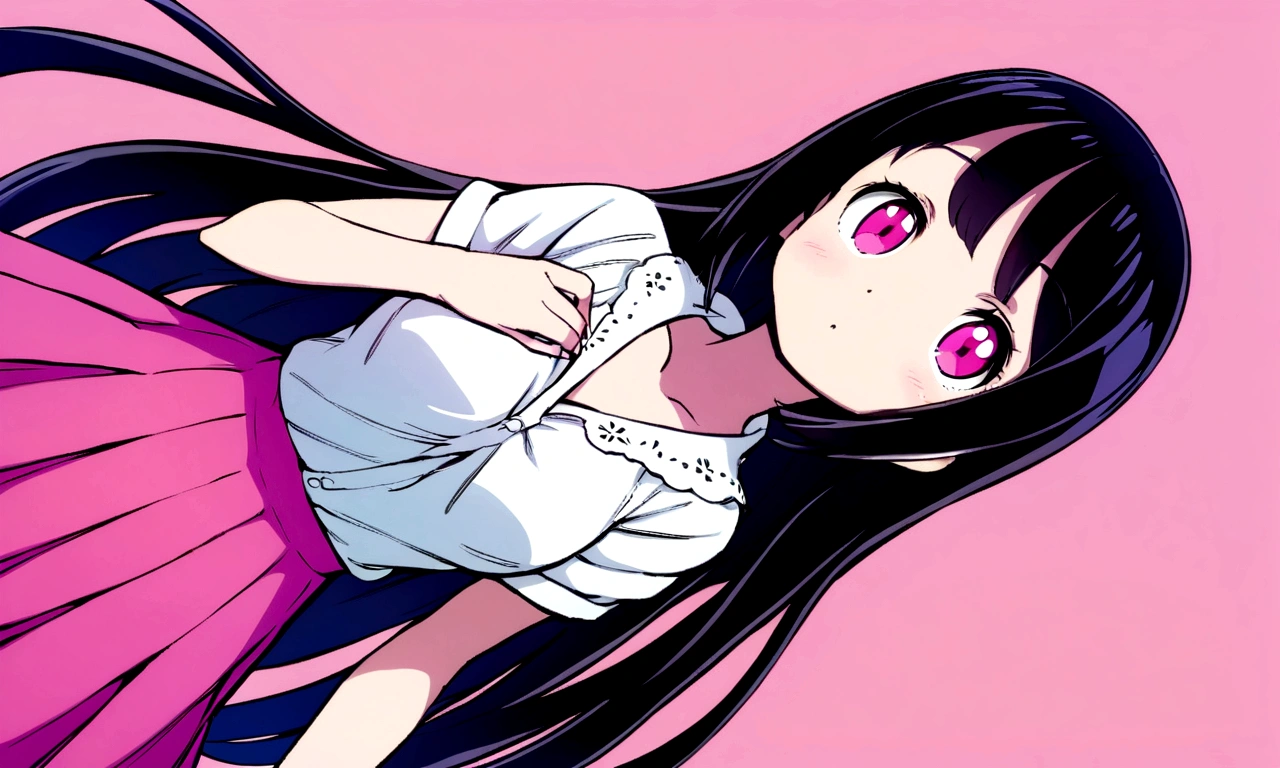 Black hair girl with big eyes and pink skirt with white blouse shirt