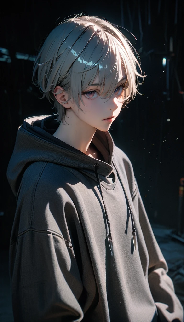 (8K, RAW photos, best quality, masterpiece: 1.4), (((boy standing in the dark))),Ultra-high resolution, Extremely detailed, Upper body close-up, handsome boy, black eyes, (delicate eyes, Eyes are bright:1.2), Gray short hair, Fair skin,dark, Grey sweatshirt, sweatshirt with hood,(perfect anatomy:1.2), High-quality shadows, Natural Lighting, (White highlights:1.2), night, cloudy day, (Dark Space:1.2), (Boning knife in hand:1.2)