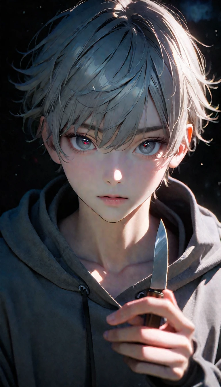 (8K, RAW photos, best quality, masterpiece: 1.4), (((boy standing in the dark)))，Ultra-high resolution, Extremely detailed, Upper body close-up, handsome boy, black eyes, (delicate eyes, Eyes are bright:1.2), Gray short hair, Fair skin,dark, Grey sweatshirt, sweatshirt with hood,(perfect anatomy:1.2), High-quality shadows, Natural Lighting, (White highlights:1.2), night, cloudy day, (Dark Space:1.2), (Boning knife in hand:1.2)