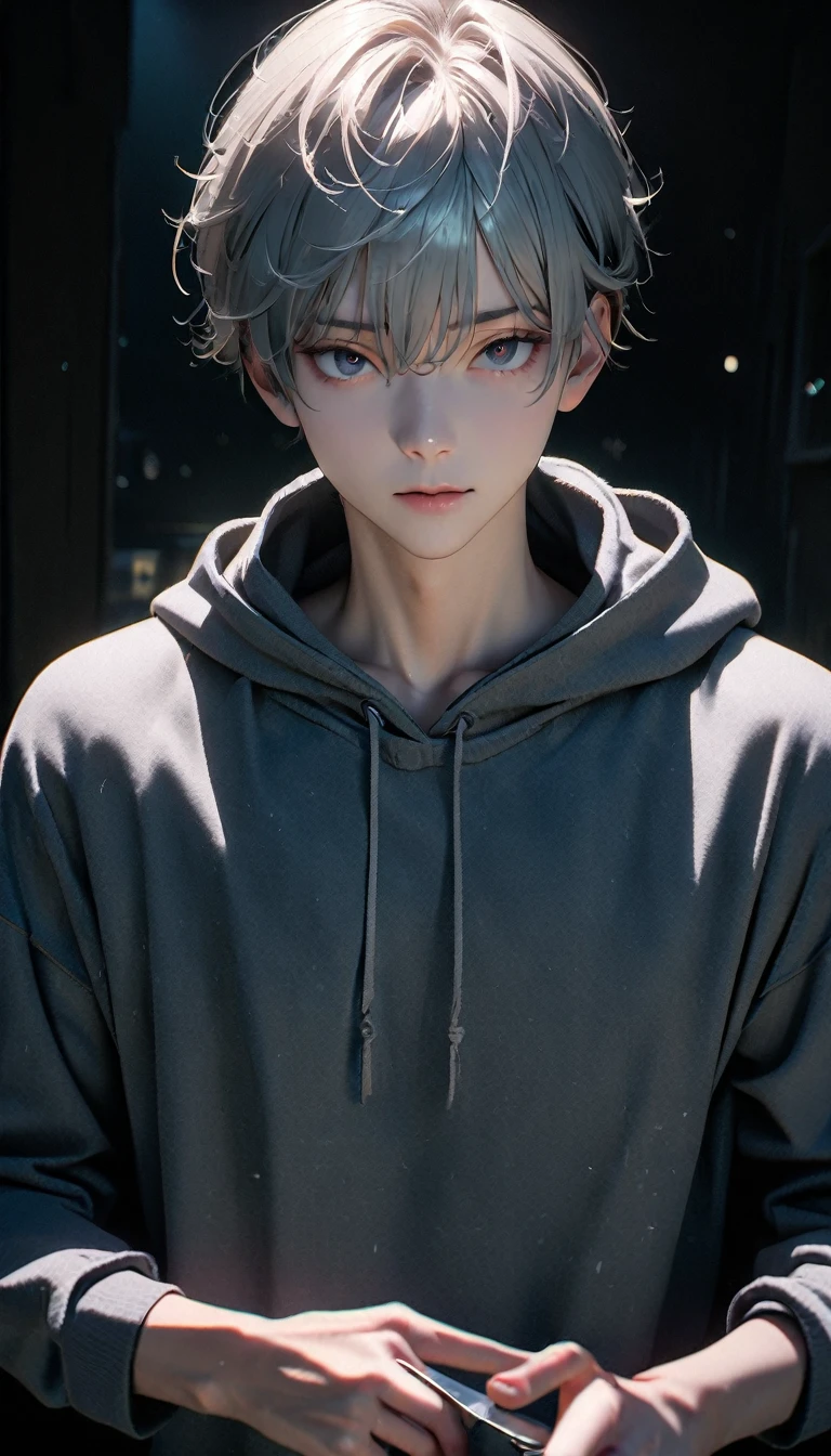 (8K, RAW photos, best quality, masterpiece: 1.4), (((boy standing in the dark))),Ultra-high resolution, Extremely detailed, Upper body close-up, handsome boy, black eyes, (delicate eyes, Eyes are bright:1.2), Gray short hair, Fair skin,dark, Grey sweatshirt, sweatshirt with hood,(perfect anatomy:1.2), High-quality shadows, Natural Lighting, (White highlights:1.2), night, cloudy day, (Dark Space:1.2), (Boning knife in hand:1.2)