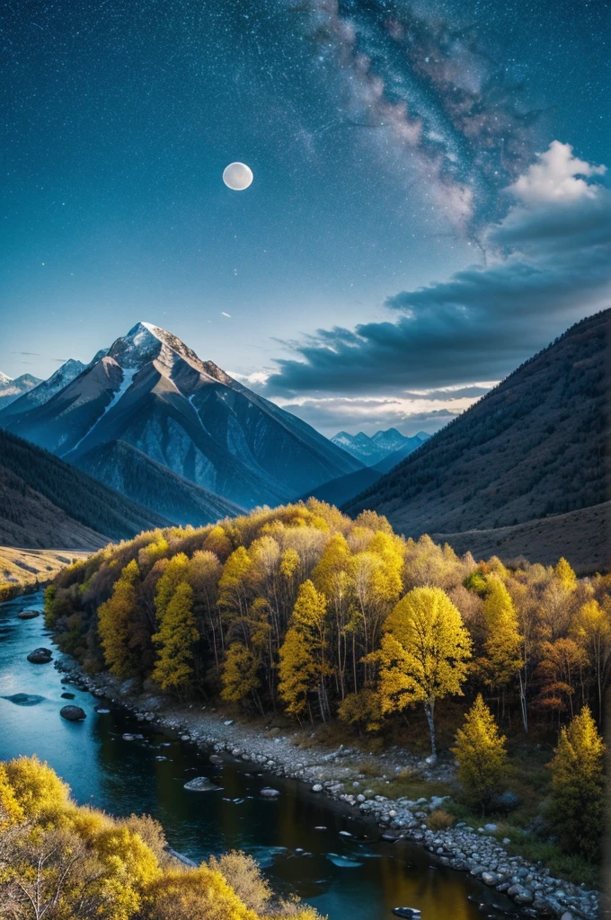 There should be mountains all around the earth, the sky should be black in colour, the moonlight is shining in the sky, the sky should be full of stars, a river should be flowing through the mountains, there should be a huge tree in between the mountains, the water should be yellow in colour.