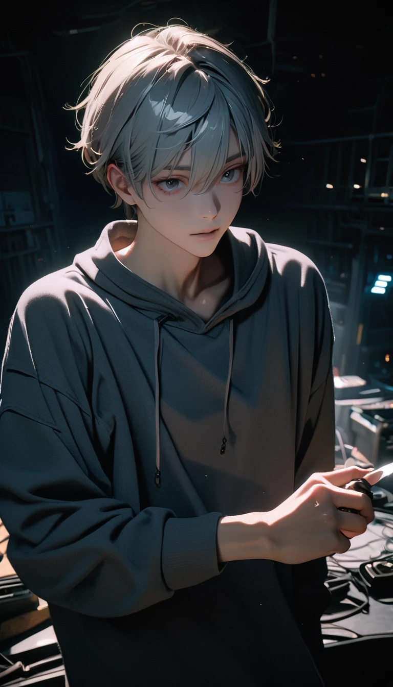(8K, RAW photos, best quality, masterpiece: 1.4), (((boy standing in the dark)))，Ultra-high resolution, Extremely detailed, Upper body close-up, handsome boy, black eyes, (delicate eyes, Eyes are bright:1.2), Gray short hair, Fair skin,dark, Grey sweatshirt, sweatshirt with hood,(perfect anatomy:1.2), High-quality shadows, Natural Lighting, (White highlights:1.2), night, cloudy day, (Dark Space:1.2), (Boning knife in hand:1.2)