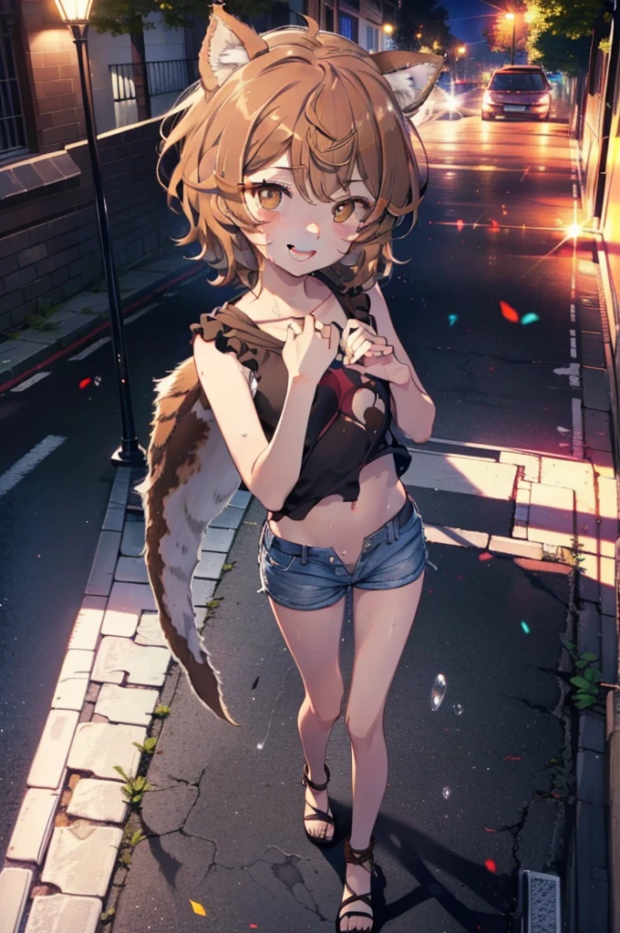 Lirilkaード, Lirilka, Animal ears, (Brown eyes:1.7), Brown Hair, (Flat Chest:1.2), happy smile, smile, Open your mouth,Sweat,,short hair,White Tank Top,Shorts,Cute Sandals ,Walking during the day,Clear skies,                                                            break looking at viewer, whole body,                　　　　　　 break outdoors ,Residential Street,　　　　　　　　　　　　break (masterpiece:1.2), Highest quality, High resolution, unity 8k wallpaper, (shape:0.8), (Beautiful and beautiful eyes:1.6), Highly detailed face, Perfect lighting, Highly detailed CG, (Perfect hands, Perfect Anatomy),