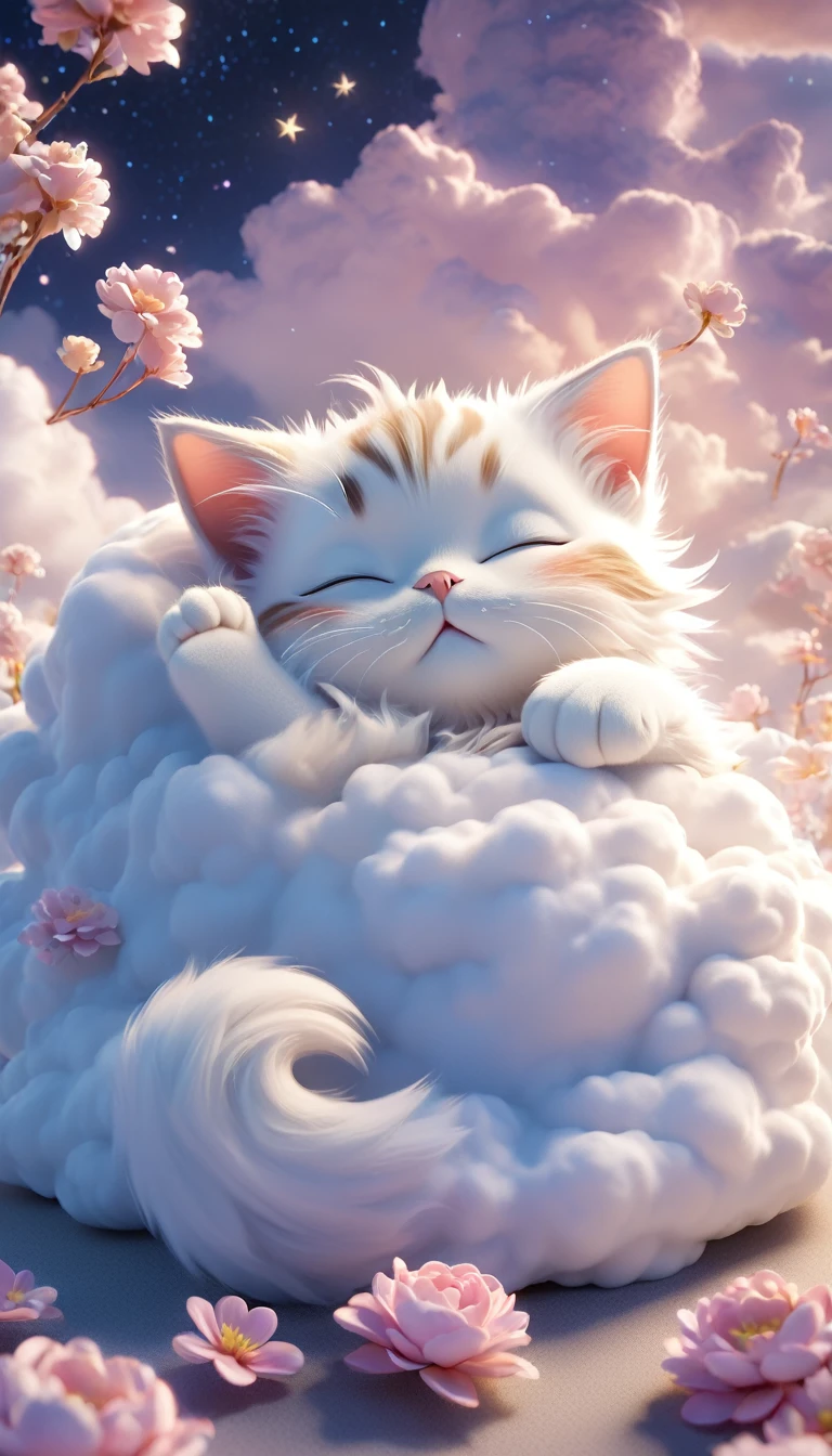 A cat is lying on a cloud,Eyes closed,Appears throughout the body, cute catのアニメビジュアル, Cute numbers, Beautiful and detailed digital art, Cute numbers艺术, cgstation Popular Topics, Anime Cat, Cat dream cat, Cat dream cat, Have a nice dream, cute cat, Fantasy Illustration, Nice 3D rendering, Dream Night, Animation-style rendering, Sleeping cat