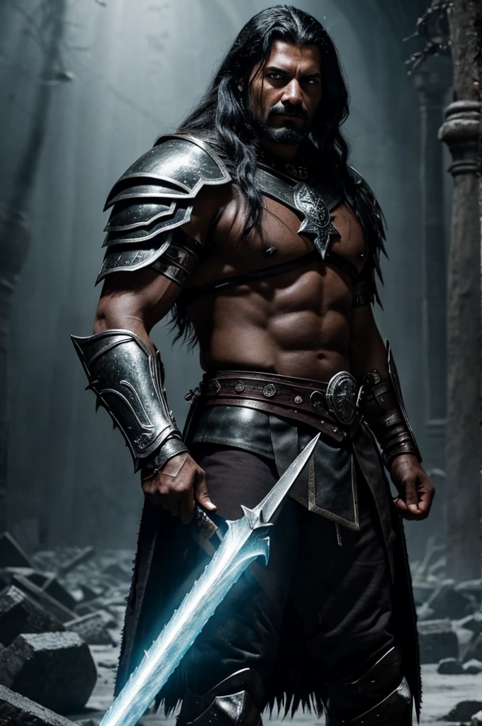 A dark and intimidating warrior, Hernán has an aura of danger and power. He's tall and sturdy, with obvious musculature. Her hair is black and shaggy, matching dark eyes that glow with intense anger. His armor is dark and imposing, made of black metal with deep red details, reflecting his malevolent nature. He wields an ice spear, that emits a cold, menacing glow. Your face is contorted into a wicked smile, and his expression is one of pure malice and relentless determination. Hernán exudes an oppressive presence, ready to destroy anyone who opposes him.