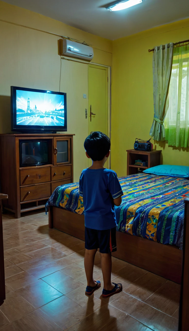 A boy stay hn watching TV her room