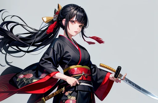 A woman with black hair wearing a kimono holding a sword-like knife Cutting the tuna