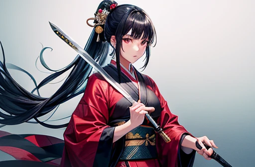 A woman with black hair wearing a kimono holding a sword-like knife Cutting the tuna