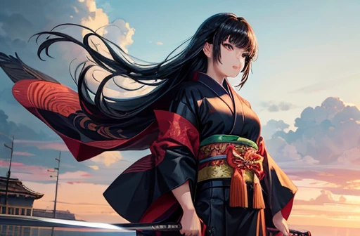 A woman with black hair wearing a kimono holding a sword-like knife Cutting the tuna