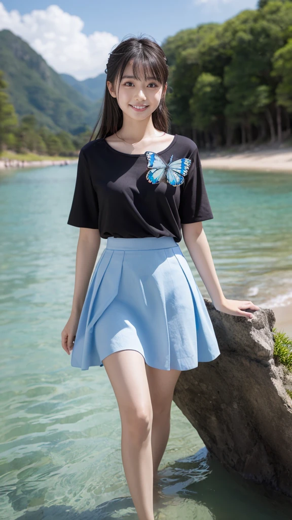 1 Girl, Clear water, Blue Butterfly, Pure white gauze skirt, Sparkling