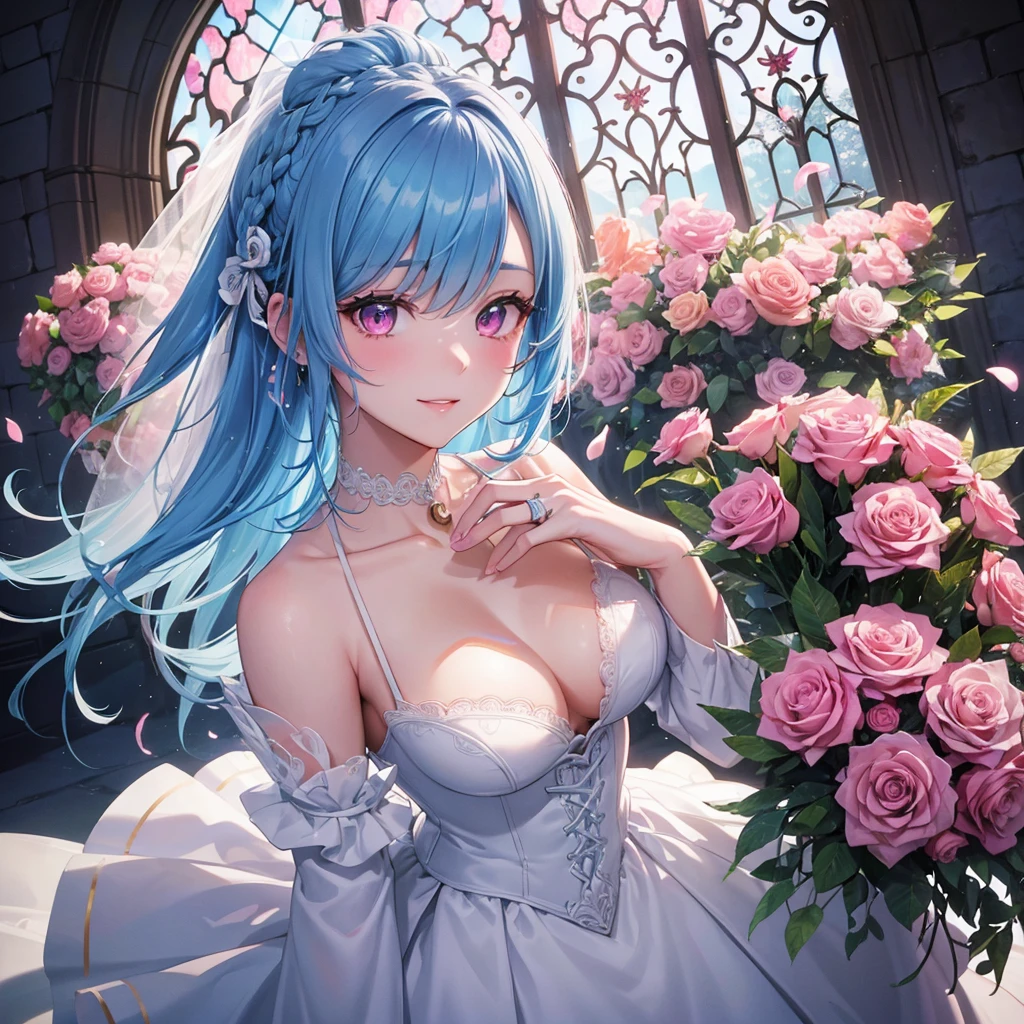 Sky blue hair, (Braided Ponytail),(Pink Eyes),Fair skin ,(whole body),(One girl),bride,A big smile,Straight bangs, 6月のbride,Wedding dress,(masterpiece, Highest quality, Very detailed, Best Shadow), (Detailed Background), (Beautifully detailed face), High Contrast, (Best lighting, Very delicate and beautiful), ((Cinematic Light)), colorful, Hyper Detail, Dramatic Light, Intricate details,Chapel background,Bouquet of roses,Ring on left ring finger,