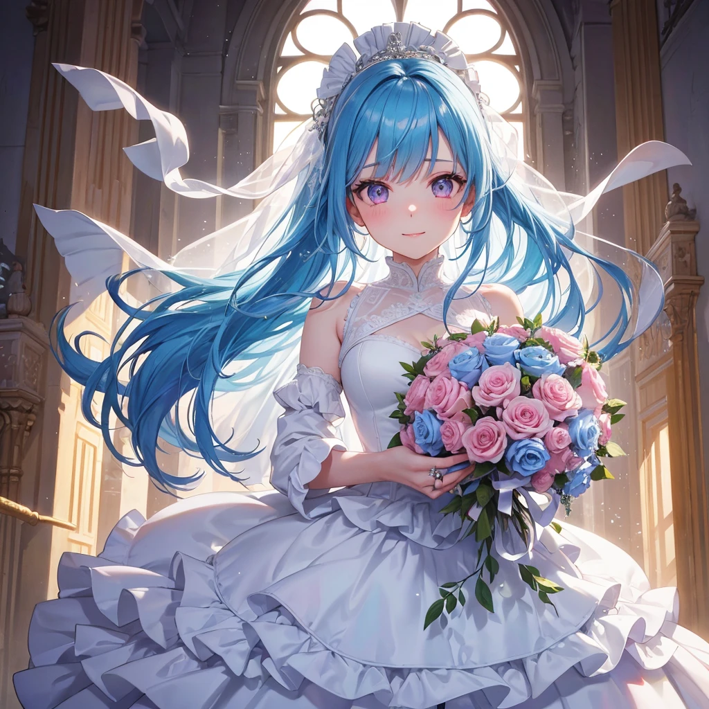 Sky blue hair, (Braided Ponytail),(Pink Eyes),Fair skin ,(whole body),(One girl),bride,A big smile,Straight bangs, 6月のbride,Wedding dress,(masterpiece, Highest quality, Very detailed, Best Shadow), (Detailed Background), (Beautifully detailed face), High Contrast, (Best lighting, Very delicate and beautiful), ((Cinematic Light)), colorful, Hyper Detail, Dramatic Light, Intricate details,Chapel background,Bouquet of roses,Ring on left ring finger,
