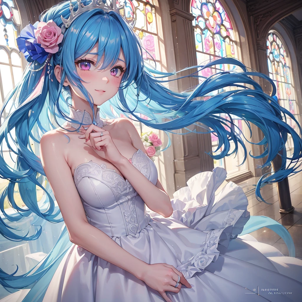 Sky blue hair, (Braided Ponytail),(Pink Eyes),Fair skin ,(whole body),(One girl),bride,A big smile,Straight bangs, 6月のbride,Wedding dress,(masterpiece, Highest quality, Very detailed, Best Shadow), (Detailed Background), (Beautifully detailed face), High Contrast, (Best lighting, Very delicate and beautiful), ((Cinematic Light)), colorful, Hyper Detail, Dramatic Light, Intricate details,Chapel background,Bouquet of roses,Ring on left ring finger,