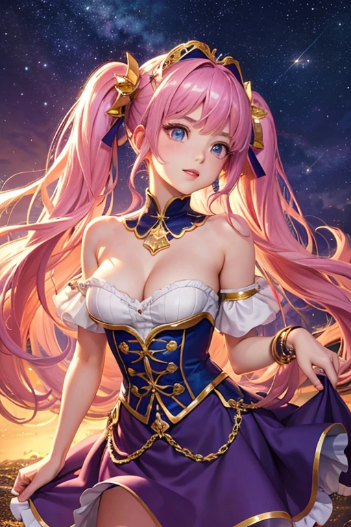 Highest quality、Highest quality、Masterpiece、woman１people、Purple shiny decollete dress、Golden embroidery、Frill mini skirt dress、Perfect body line、Adorable poses、Realistic、Glowing Skin、Groomed eyebrows、Pink Lips、Pink Hair、Blue Eyes、Twin tails、delicate、Shiny Hair、detailed、Skirt in the wind、The background is the starry sky and the sea