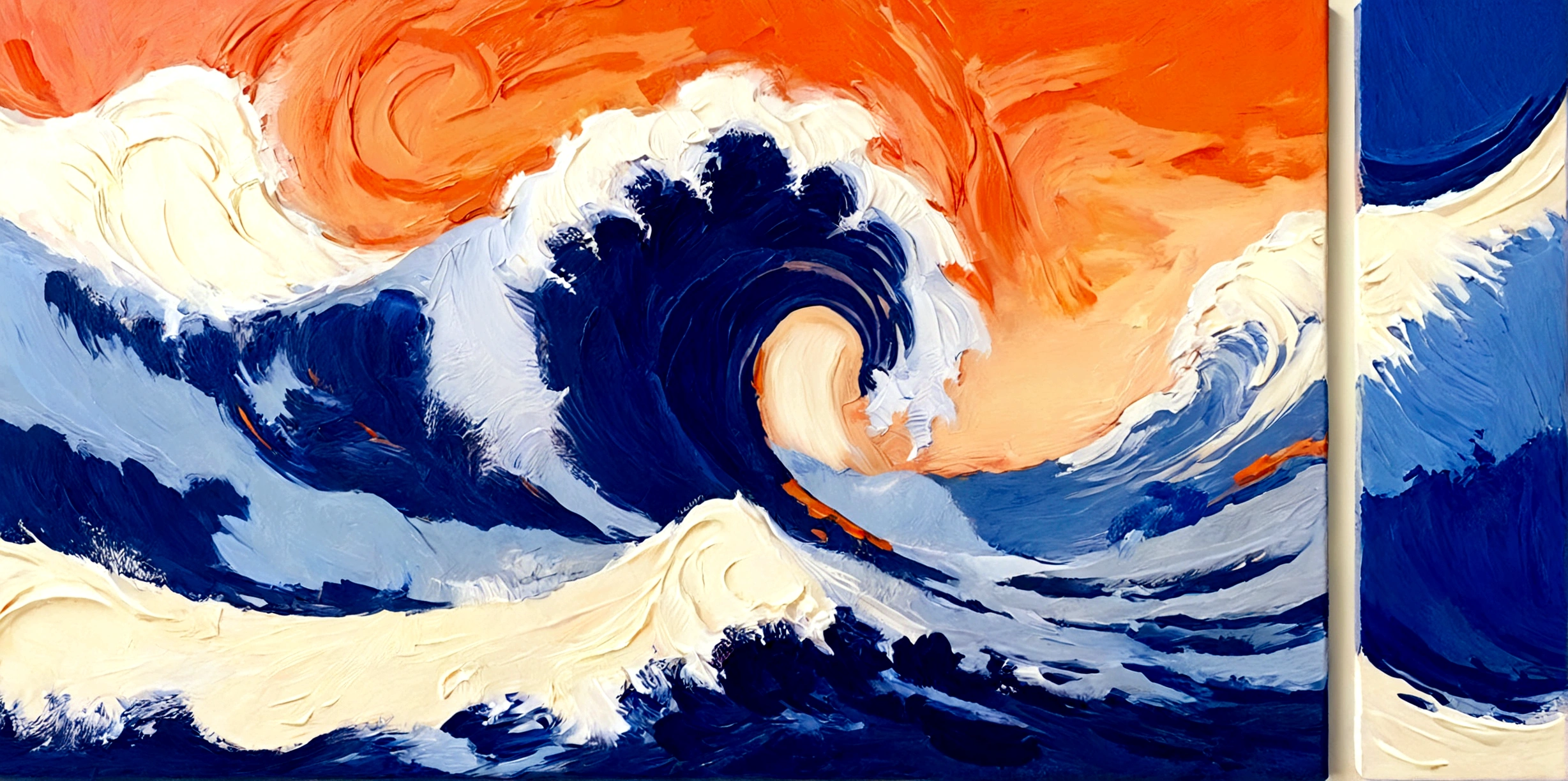 Big Wave,Huge waves,Sea waves,real,bright,orange color,Blue Background,vanilla,cream,whiskey,emotion,emotion,Thick textured paint,