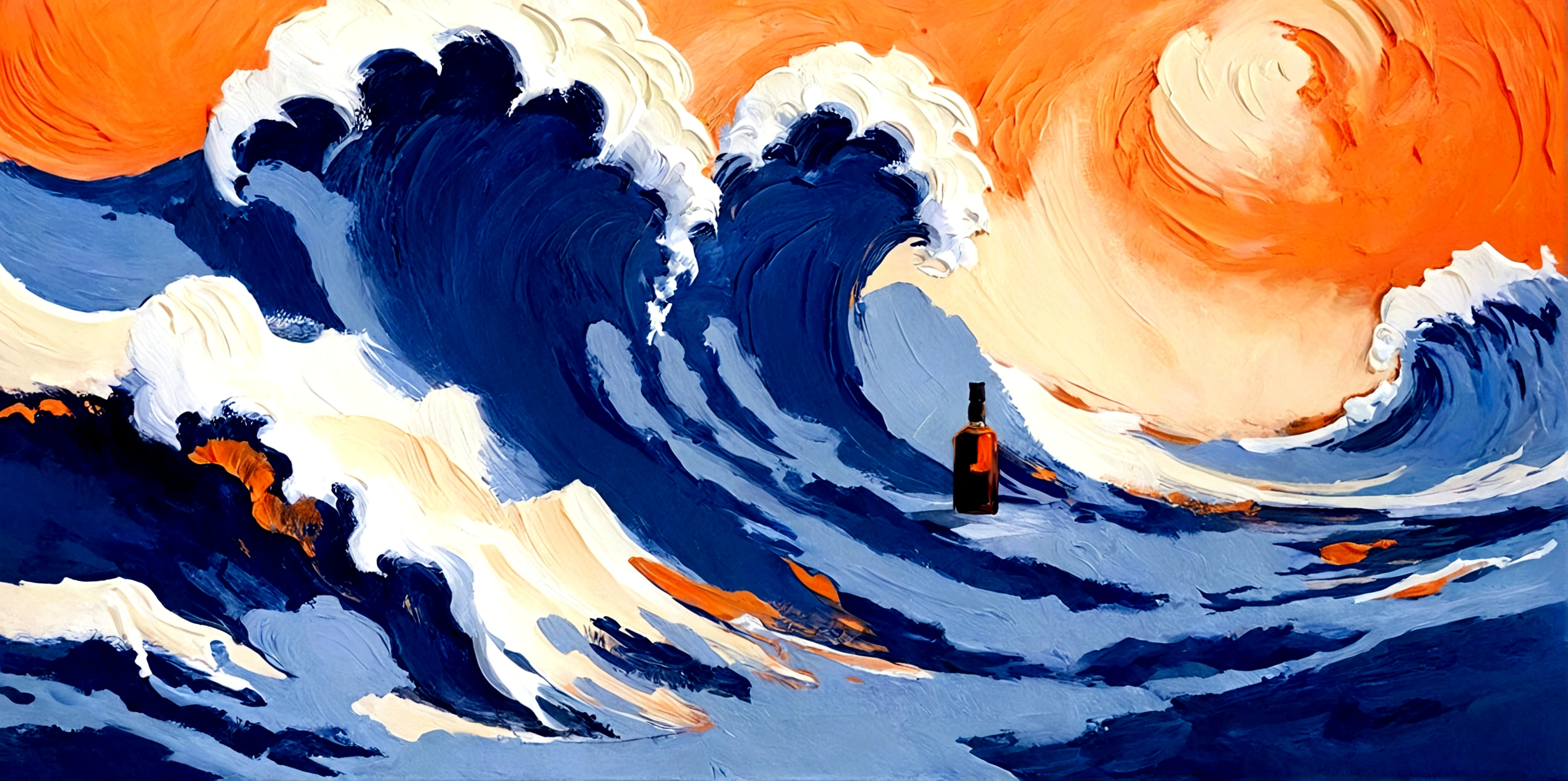 Big Wave,Huge waves,Sea waves,real,bright,orange color,Blue Background,vanilla,cream,whiskey,emotion,emotion,Thick textured paint,