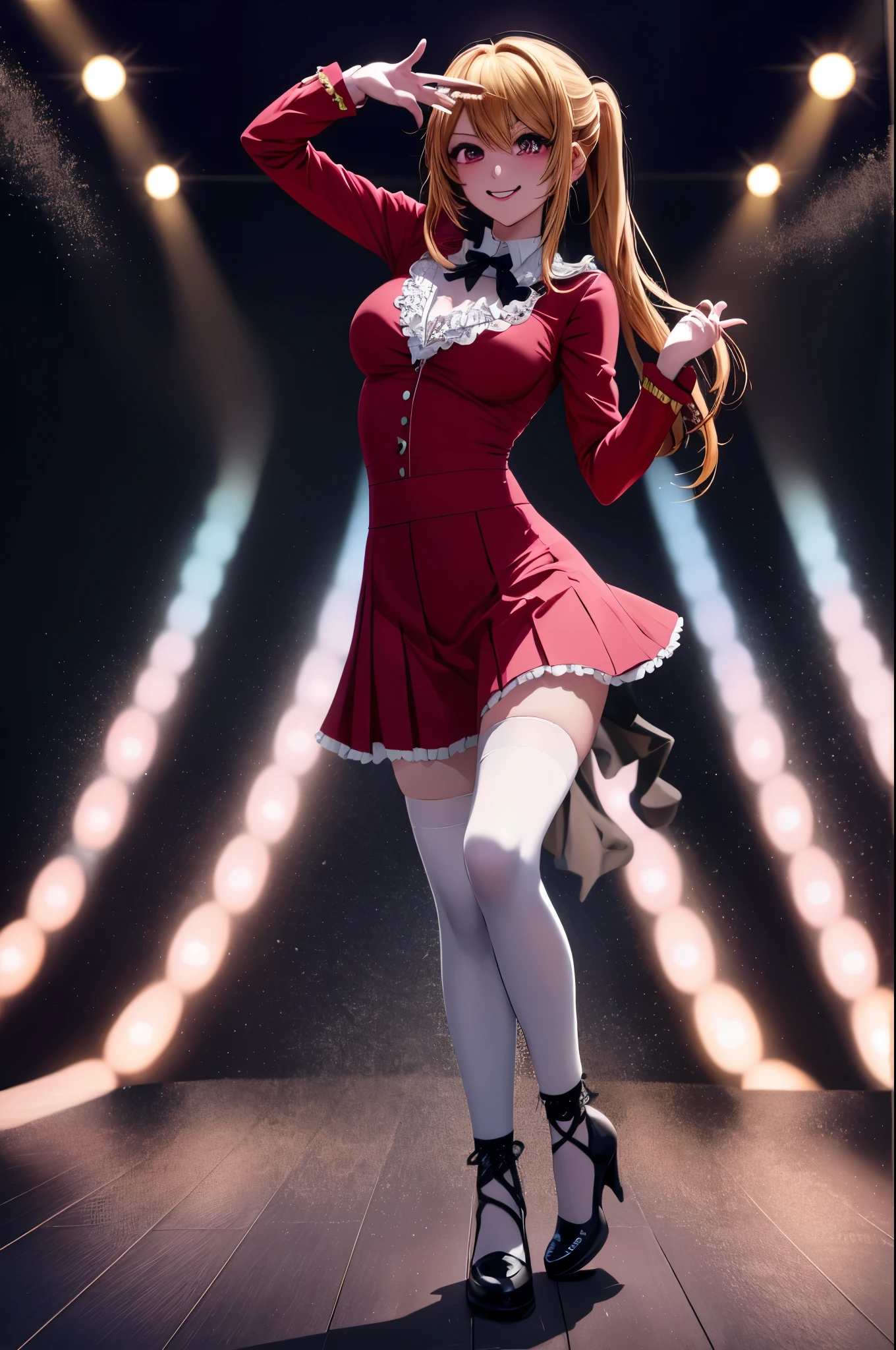anime, beautiful face, highly detailed face, detailed perfect eyes, perfect hair, perfect lips, accurate arms, accurate hands, perfect legs accurate footware. highly detailed background, front lighting, perfect lighting, full body, 1girl, solo, ruby hoshino, ruby, oshi no ko, heels, blonde hair, thighhighs, stockings, absurdres, high res, ultrasharp, 8K, masterpiece, looking at viewer, (sexy pose:1.5), (full body:1.5), idol outfit, idol, revealing idol, skirt, cleavage, stockings, dynamic pose, full of delight, smiling full of compassion, blushed, on a stage, concert, performing on stage, blow kissing, air kiss