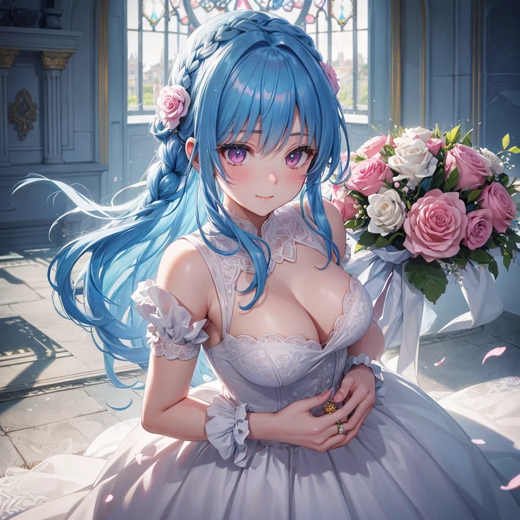 Sky blue hair, (Braided Ponytail),(Pink Eyes),Fair skin ,(whole body),(One girl),bride,A big smile,Straight bangs, 6月のbride,Wedding dress,(masterpiece, Highest quality, Very detailed, Best Shadow), (Detailed Background), (Beautifully detailed face), High Contrast, (Best lighting, Very delicate and beautiful), ((Cinematic Light)), colorful, Hyper Detail, Dramatic Light, Intricate details,Chapel background,Bouquet of roses,Ring on left ring finger,