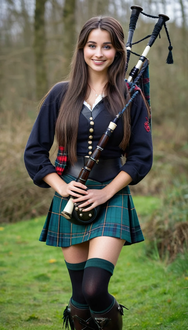 ultrarealistic high quality full body photo of a beautiful busty slim european 25-year-old woman with cute hyperdetailed shy face and natural dark brown ultra long hair and shy smile , realistic round hazel eyes, natural lips, dark eye makeup with eyeliner, wearing scottish bagpipe player outfit, hourglass body, outdoor photography