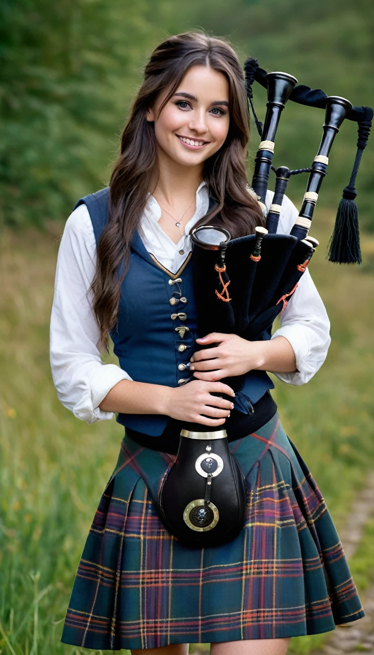 ultrarealistic high quality full body photo of a beautiful busty slim european 25-year-old woman with cute hyperdetailed shy face and natural dark brown ultra long hair and shy smile , realistic round hazel eyes, natural lips, dark eye makeup with eyeliner, wearing scottish bagpipe player outfit, hourglass body, outdoor photography
