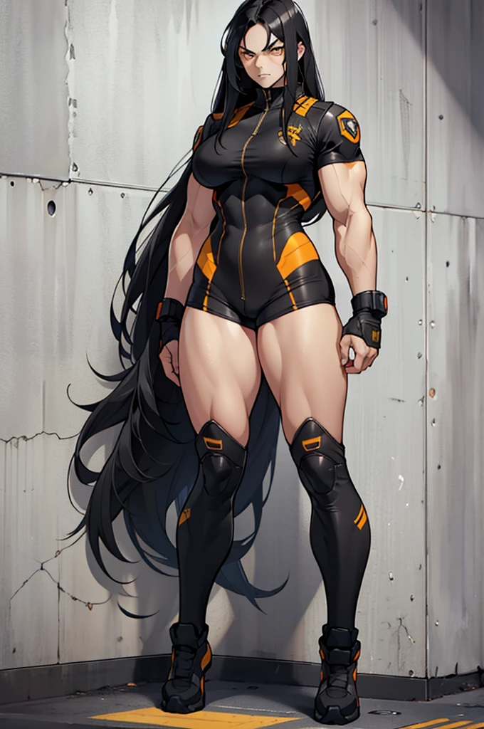 1girl, (((extremely long hair))), solo, (((muscular))), veins, black hair, yellow eyes, thick thighs, pale skin, strong, veins, big thighs, huge breasts, standing, bodyuit, pilot suit, ((thick thighs)), angry, against wall, gritty, (((full body)))