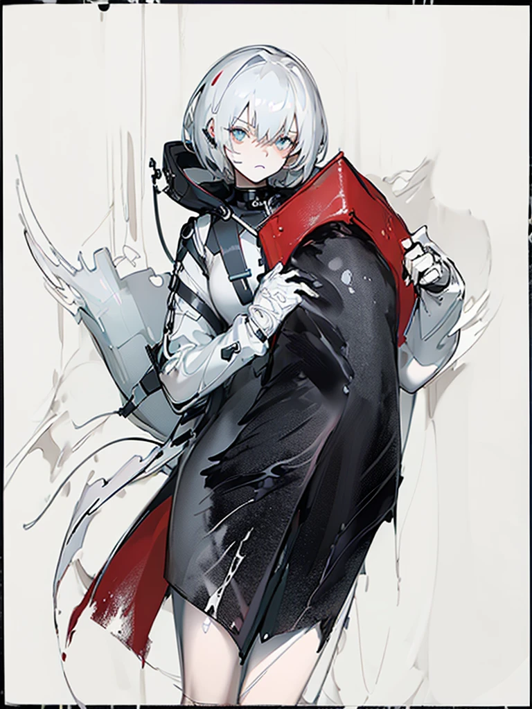 Masterpiece,Best quality,(A gloomy painting style:1.6),Solo,Boy,White hair,Short hair,(White shirt:1.4),((Face)) shirt,Shorts,Coat,Hood,Sneakers,Black coat,No breasts,Long sleeves,bangs,Fingerless gloves,Short hair,hair between eye,((gloomy expression)),(Pure black background:1.4),1 girl,(Holding something on one's chest)