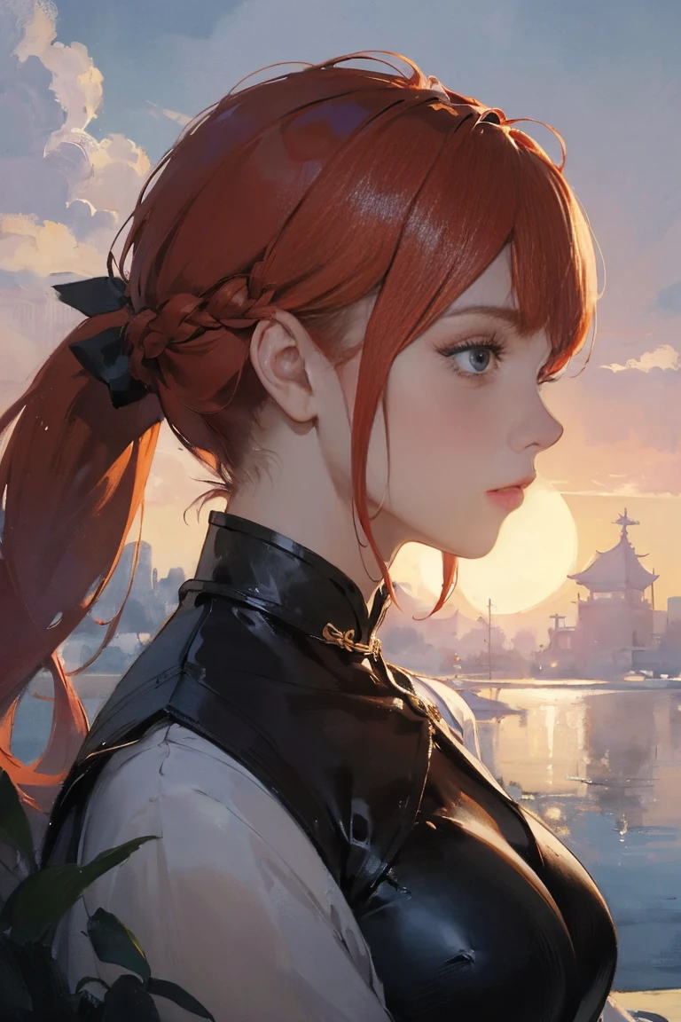 (masterpiece, top-quality, Official art:1.2)Look at viewericro bikini, tiger and girl, Tiger painting}A flash of light runs, Colorful water levitation(2D:1.5),((best quality)), ((masterpiece)), (detailed), succubus, ethereal beauty, perched on a cloud, (fantasy illustration:1.3), enchanting gaze, leotard, pantyhose, stockings, bodysuit, captivating pose, delicate wings, otherworldly charm, mystical sky, large moon, moonlit night, soft colors, (detailed cloudscape:1.3), (high-resolution:1.2), from below, (rating_explicit), (score_9, score_8_up, score_7_up, score_6_up, score_5_up, score_4_up, high res, 4k) (mvvwdt:1.4):detail_slider_v4:1.25> (bubbles:0.5), ((masterpiece)), high quality, very_high_resolution, large_filesize, full color, heavy outline, clear outline, colorful, (beautiful detailed eyes), (beautiful face:1.3), (boyish face:1.3), 1 girl, (femaleranma), (red hair), short hair, (braided ponytail), ((bangs)), bumpy bangs, blue-gray eyes, big breasts, curvy, femaleranma, braided ponytail, (red chinese clothes), sleeveless, tangzhuang, black pants, cameltoe, standing, upper body, ((from side:1.4)), ((portrait:1.8)), ((face focus:1.4)),