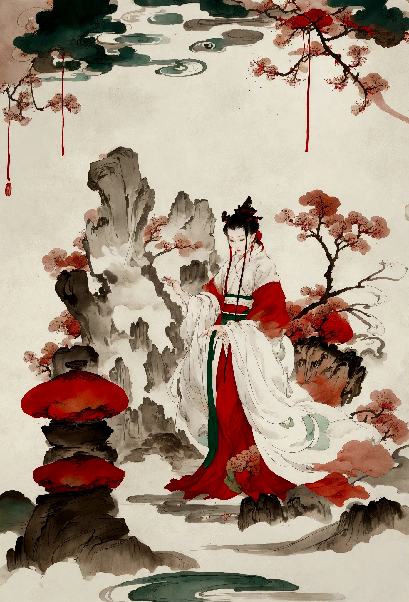 Ink and brushwork style,plum bossom,Merlin,Ink and snow scene,Red and green color scheme,Simple lines,gorgeous,Chinese Court,Hand Painted,HD details,White background,Painting on rice paper,HD 8k