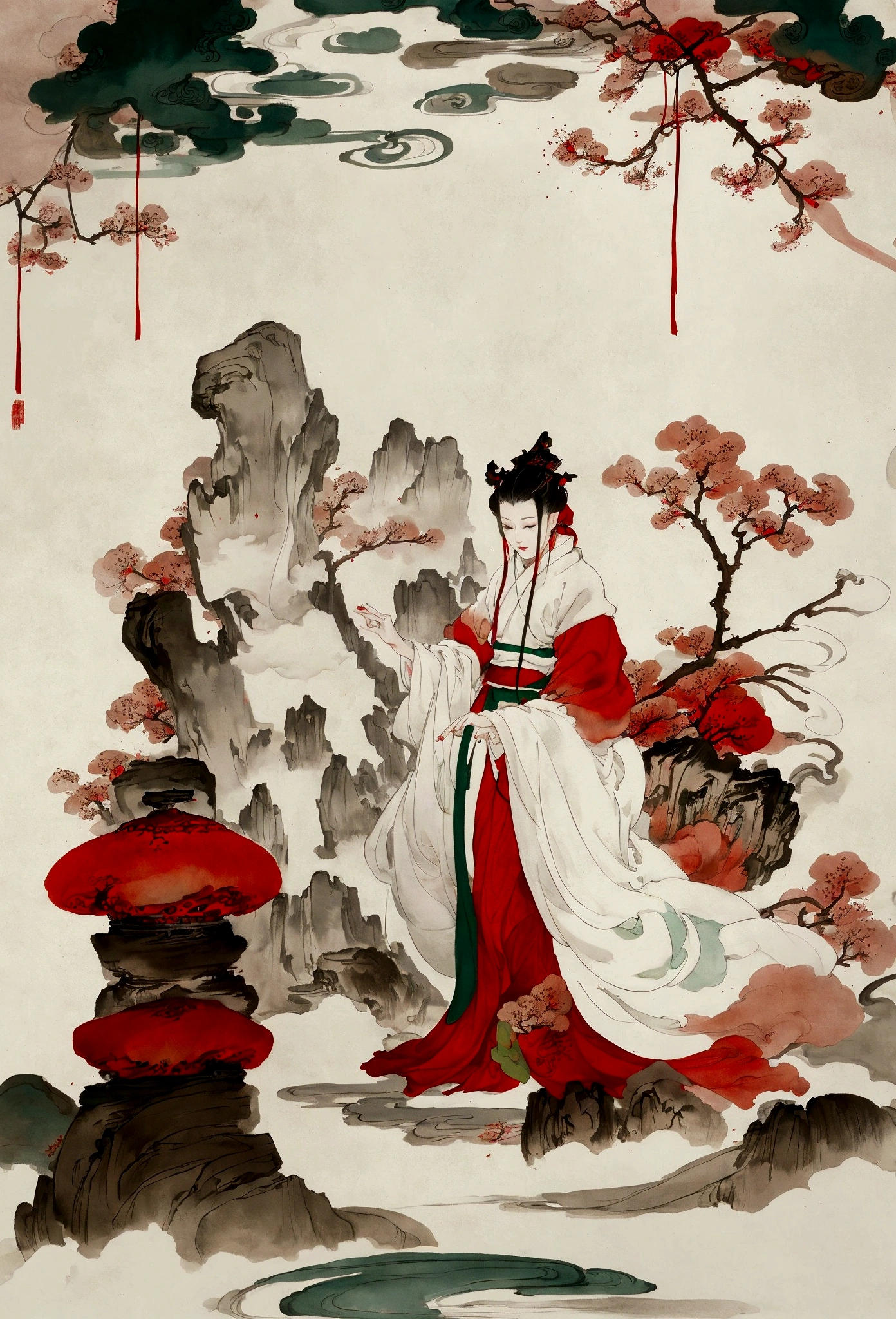 Ink and brushwork style,plum bossom,Merlin,Ink and snow scene,Red and green color scheme,Simple lines,gorgeous,Chinese Court,Hand Painted,HD details,White background,Painting on rice paper,HD 8k