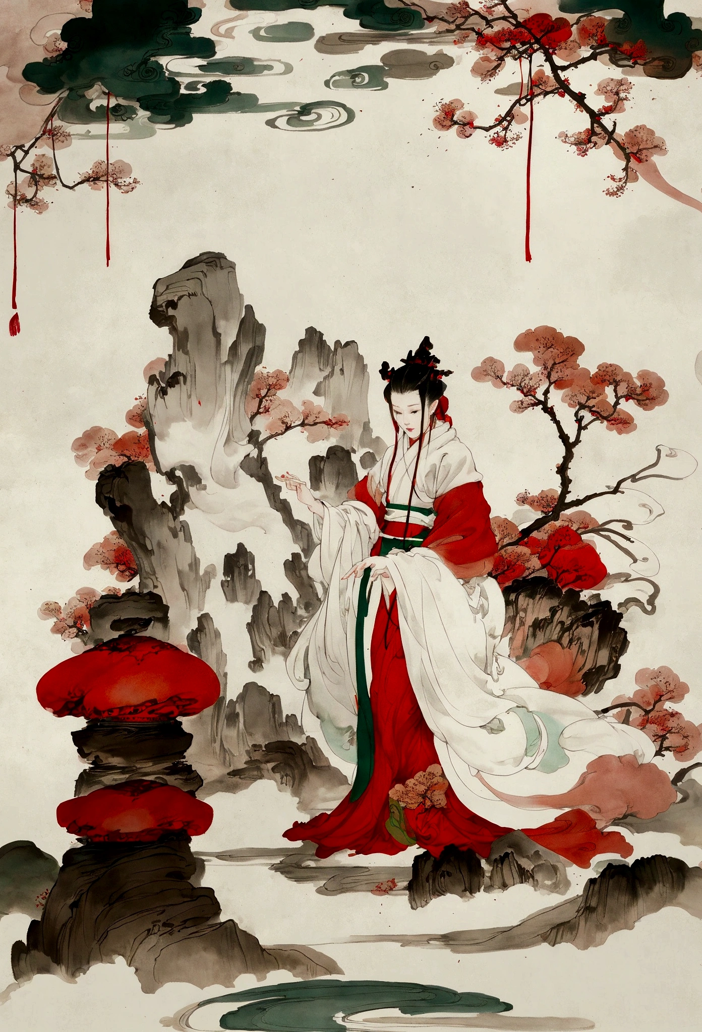 Ink and brushwork style，plum bossom，Merlin，Ink and snow scene，Red and green color scheme，Simple lines，gorgeous，Chinese Court，Hand Painted，HD details，White background，Painting on rice paper，HD 8k