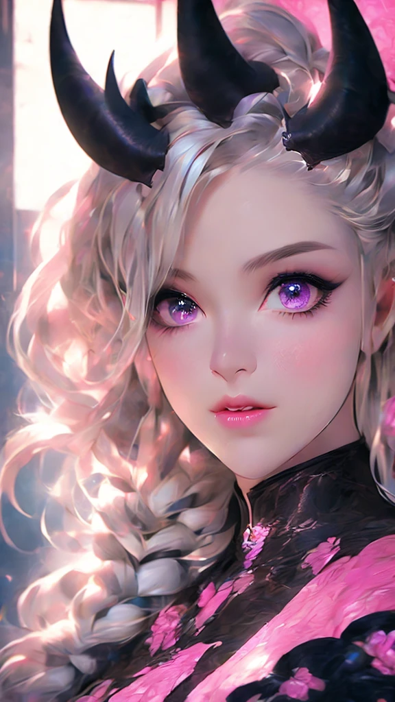 a woman with long hair and a pink light in her hand, tiefling, demon girl, beautiful succubus, nocturne from league of legends, demon woman, tiefling from d & d, portrait of a female demon, demonic creature, widowmaker's former lover, dark demonic dancer, artgerm. high detail, artgerm colorful!!!