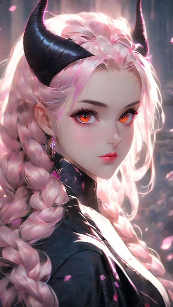 a woman with long hair and a pink light in her hand, cyberpunk art by Kieran Yanner, Artstation, conceptual art, tiefling, demon girl, beautiful succubus, nocturne from league of legends, demon woman, tiefling from d & d, portrait of a female demon, demonic creature, widowmaker's former lover, dark demonic dancer