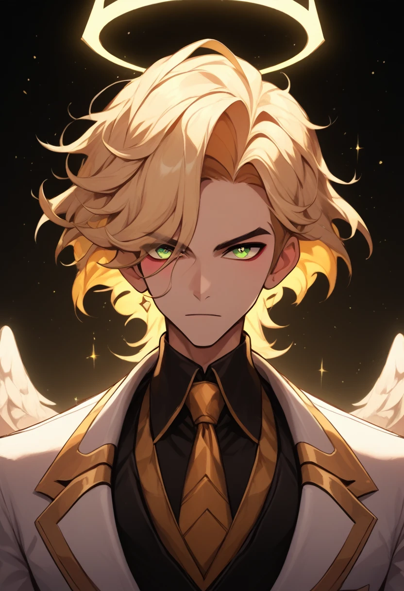 (masterpiece), best quality, expressive eyes, perfect face ,male focus, 1boy, solo, Blonde hair, medium hair, clean hair, tall, angel, heavenly host, Soldier, halo, green eyes, long sleeves, white suit, golden tie, golden shoulders, hazbin hotel