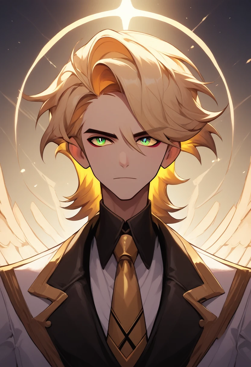 (masterpiece), best quality, expressive eyes, perfect face ,male focus, 1boy, solo, Blonde hair, medium hair, clean hair, tall, angel, heavenly host, Soldier, halo, green eyes, long sleeves, white suit, golden tie, golden shoulders, hazbin hotel
