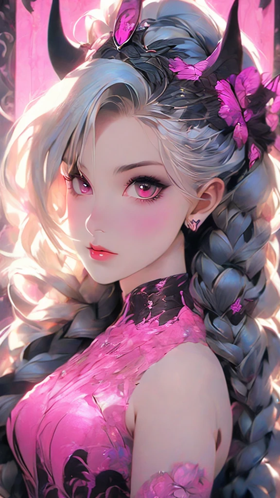 a woman with long hair and a pink light in her hand, tiefling, demon girl, beautiful succubus, nocturne from league of legends, demon woman, tiefling from d & d, portrait of a female demon, demonic creature, widowmaker's former lover, dark demonic dancer, artgerm. high detail, artgerm colorful!!!