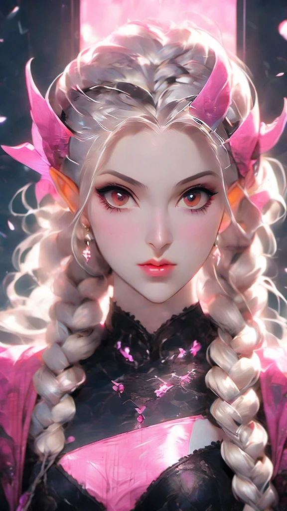 a woman with long hair and a pink light in her hand, cyberpunk art by Kieran Yanner, Artstation, conceptual art, tiefling, demon girl, beautiful succubus, nocturne from league of legends, demon woman, tiefling from d & d, portrait of a female demon, demonic creature, widowmaker's former lover, dark demonic dancer